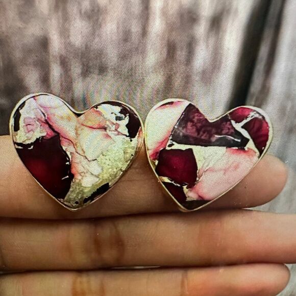 Handmade Dahlia‎ Rose Heart Stud Earrings, Natural Stone, The Golden Collection - Picture 7 of 7